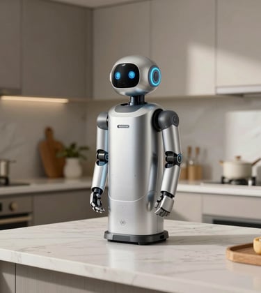 A sleek, silver consumer robot assisting in a high-end, modern North American kitchen with off-white marble countertops. Soft morning light.