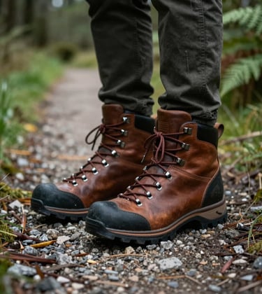 A close-up shot of a pair of high-quality leather hiking boots standing on a gravel path. The path is surrounded by soft seafoam grass and dark forest green ferns. Natural lighting, shallow depth of field.