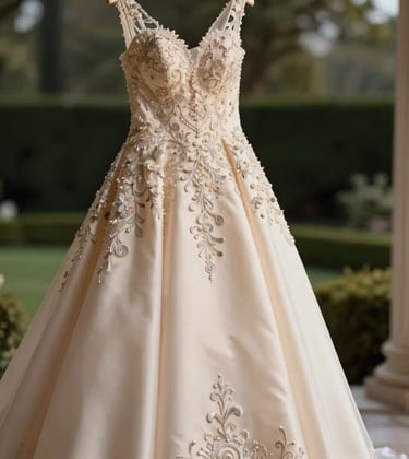 Exquisite detail of a couture silk wedding gown hanging in a high-end suite. Soft gold light catches the intricate silver embroidery and delicate lace. The background is a blurred view of a sophisticated garden.