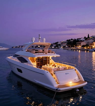 A sleek white luxury yacht moored in a Mediterranean port during the blue hour. The deck is illuminated with warm golden lights, set up for a small, private dinner party. The water reflects the royal amethyst glow of the twilight sky.