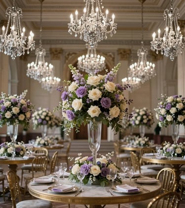 Interior of a grand hall with high ceilings and silver chandeliers. Tables are adorned with towering floral centerpieces in shades of lavender and cream.