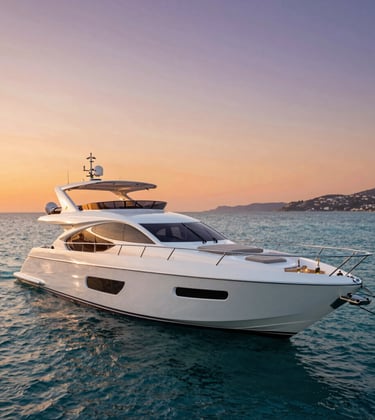 A sleek white luxury yacht moored in a turquoise Mediterranean bay at sunset. The sky is a blend of orange and soft purple. Opulent seating and champagne on the deck.