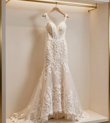 A designer bridal gown made of intricate silk lace and ethereal tulle, hanging against a soft cream-colored wall in a high-end luxury boutique with golden accents.