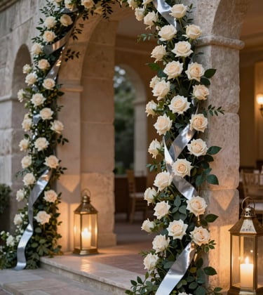 A close-up shot of an elegant wedding location entrance at dusk. Stone pillars are draped in soft cream roses and silver ribbons. Soft golden lanterns illuminate the path. The style is modern yet timelessly romantic.