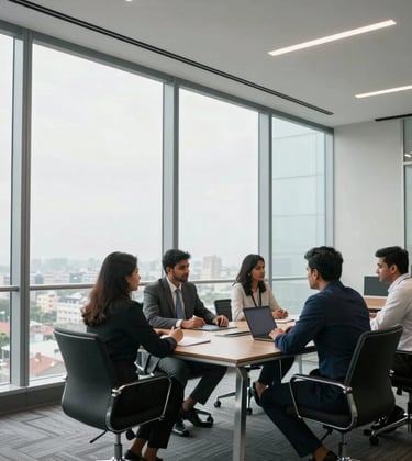 A bright, high-end commercial office space in Bangalore featuring floor-to-ceiling glass windows, silver-grey accents, and South Asian / Indian professionals collaborating in a sleek conference room.