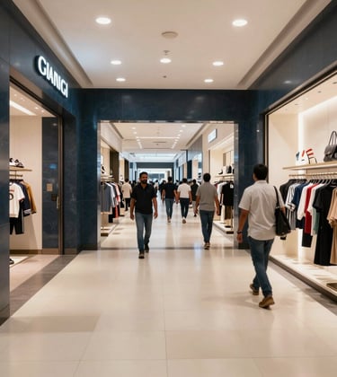 An interior shot of an upscale retail mall in Bangalore with soft off-white floors and modern dark slate blue architectural features, showing South Asian / Indian shoppers in a sophisticated environment.