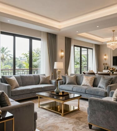 Interior of a luxury residential living room in Bangalore with floor-to-ceiling windows. The decor features pearl white walls and muted blue grey soft furnishings. The lighting is warm and elegant, showcasing a sophisticated South Asian / Indian home environment.