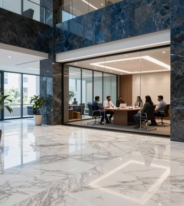 A high-end commercial office lobby in Bangalore, featuring polished pearl white marble floors and dark slate blue architectural accents. The space is filled with natural light, and a group of South Asian / Indian professionals are seen having a meeting in a glass-walled conference room in the background.