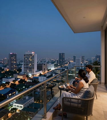 An evening view from an expansive luxury penthouse balcony overlooking the illuminated Bangalore cityscape. The balcony has muted blue grey outdoor furniture and soft silver railings. A South Asian / Indian couple is enjoying the city view under a dark slate blue twilight sky.