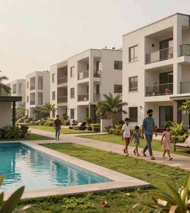 A wide-shot of a contemporary residential complex in Bangalore with manicured lawns and a swimming pool, showing a South Asian / Indian family walking together in the soft off-white morning light.