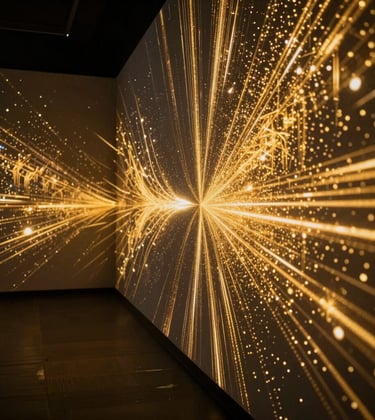 A photography of a modern immersive digital art installation. Shimmering gold light patterns are projected onto dark walls, creating a sense of depth and movement. Sophisticated and high-tech atmosphere. North American / International.