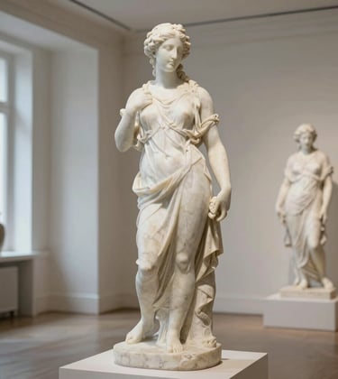 An elegant marble sculpture in a bright, modern room, showcasing refined craftsmanship and timeless design, North American gallery style.