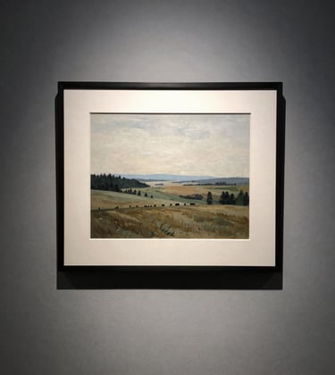 A vertical photograph of a framed minimalist landscape painting hanging on a textured grey wall, illuminated by professional gallery lighting.