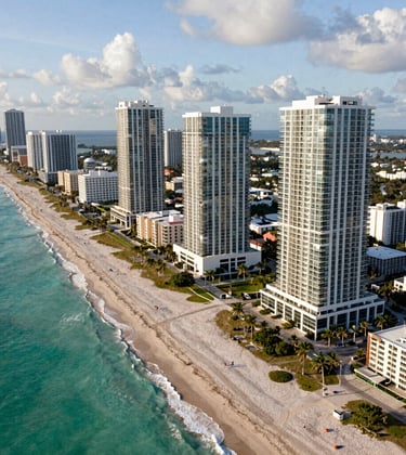 A breathtaking daytime aerial view of Sunny Isles Beach coastline, featuring turquoise waters, white sand, and iconic luxury glass high-rise towers, premium South American / Latino destination style.