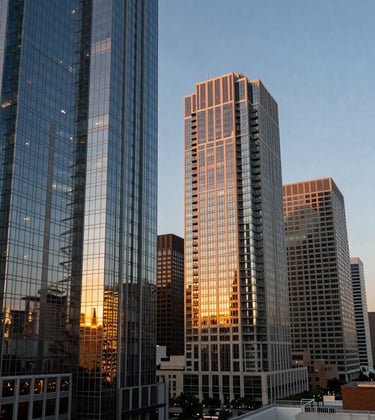 Professional architectural photography of Brickell financial district skyscrapers at sunset, sleek glass facades reflecting golden light, sophisticated South American / Latino urban business environment.