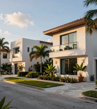 A luxurious residential street in Doral, Florida, featuring modern villas with clean lines, manicured tropical gardens, and warm afternoon sun, reflecting a high-end South American / Latino suburban lifestyle.