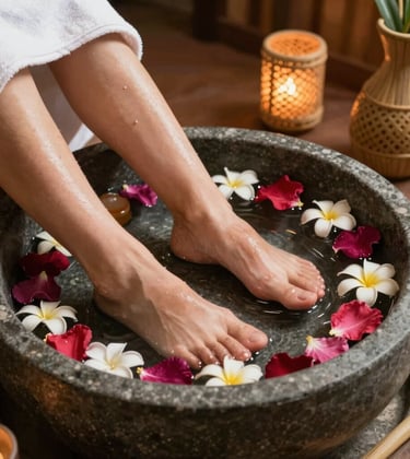 A peaceful reflexology foot spa setup in Bandung, West Java / Indonesia with a natural stone water basin, fresh tropical flower petals, and warm bamboo decorative elements.