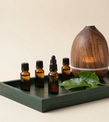 An elegant arrangement of natural essential oil glass bottles, aromatherapy diffusers, and fresh green botanical leaves resting on a polished dark forest green wooden tray in Bandung, West Java / Indonesia. Soothing studio lighting with soft cream beige background.
