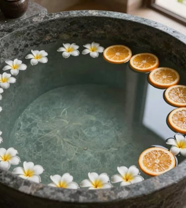 A luxury foot soak basin made of smooth dark stone filled with warm water, floating frangipani blossoms, and sliced citrus fruits in a serene spa setting in Bandung, West Java / Indonesia. Soft natural side lighting emphasizing muted sage green and warm terracotta tan textures.