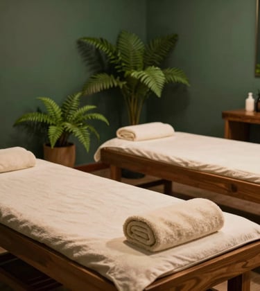 A peaceful massage room interior in Bandung, West Java / Indonesia with warm wooden treatment beds, neatly rolled off-white cream towels, and potted tropical ferns. Ambient soft lighting creates a calming, organic mood with deep sage green and warm terracotta tan highlights.