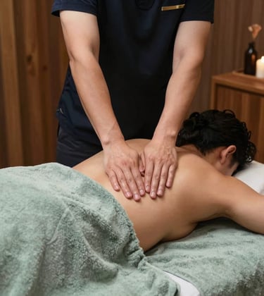 A professional massage therapist performing a relaxing aromatherapy back treatment in a calm, dimly lit room in Bandung, West Java / Indonesia with warm bronze wood accents and soft sage green linen towels.