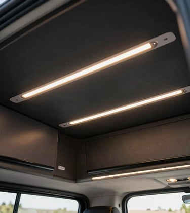 A detailed shot of the interior lighting of a camper van, showing warm LED strips integrated into dark charcoal black ceiling panels. The atmosphere is elegant and premium, reflecting a high-end European / Spanish design aesthetic.
