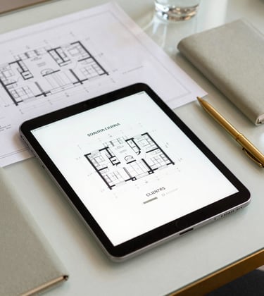 A professional desk with architectural plans and a modern tablet in a Southern European / Spanish for Irish Clientele luxury real estate office. Soft pale sage and antique gold stationery. Clean, sharp focus.