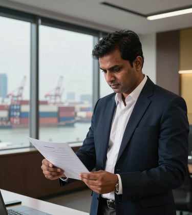 A high-end photograph of a logistics expert in a South Asian / Indian corporate office reviewing shipping documents with a view of a modern harbor through the window. The lighting is bright and professional, incorporating dark navy and gold tones in the office decor.