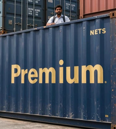 A premium close-up of industrial containers being organized at a terminal, featuring the dark navy blue and gold colors of the brand. A South Asian / Indian logistics manager is visible in the background, symbolizing oversight and quality control.