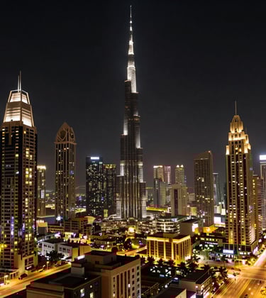 A wide-angle, luxury shot of a modern city skyline at night, representing global trade destinations like Dubai or Singapore. The image uses high-contrast blacks and golden city lights to communicate elite international commerce.