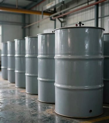 Industrial scene showing a neat row of high-grade chemical drums in an Indian manufacturing facility. The floor is polished and the environment is sterile and professional.