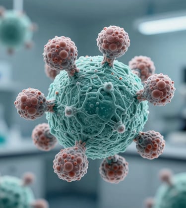 High-resolution photography of a microscopic molecular structure with soft teal lighting, showcasing biological complexity and scientific precision in a modern Brazilian lab setting.