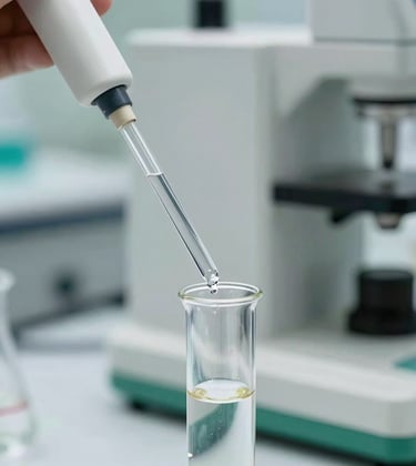 Close-up of a high-tech laboratory pipette transferring clear liquid into a test tube. Modern scientific setting in Brazil, sharp focus on the glass, clean white lighting with soft green accents from the equipment.