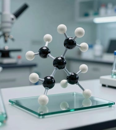Molecular structure model on a desk in a high-end Brazilian biotech company. Clean aesthetic with glass, chrome, and forest green light reflections.