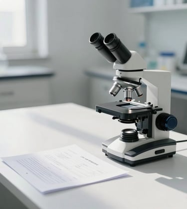 Minimalist photography of a scientific report on a clean white desk next to a modern microscope. Soft morning light in a Brazilian research center, emphasizing precision and trust.