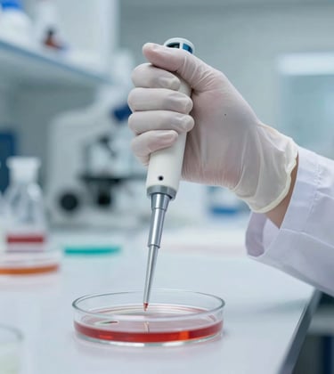 A close-up of a scientific researcher's gloved hand holding a precision pipette over a petri dish, set against a bright, sterile, and sophisticated laboratory backdrop.