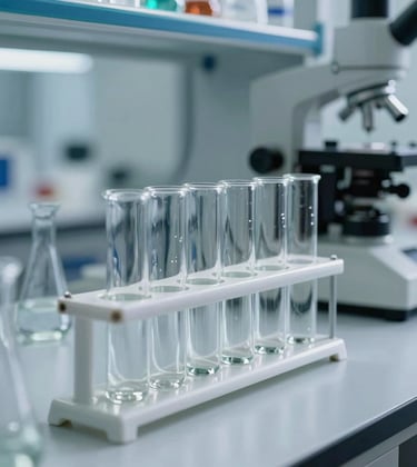 A focused shot of state-of-the-art laboratory equipment and glass vials filled with clear liquids, reflecting clean white surfaces and professional biotechnology standards.