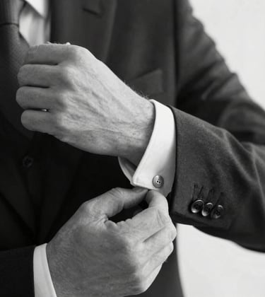 Close-up black and white photography of a person in a formal suit adjusting a cufflink, representing European elegance and professional attention to detail.