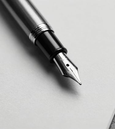 Macro black and white photography of a classic fountain pen resting on a heavy-weight paper document, symbolizing heritage and professional commitment.
