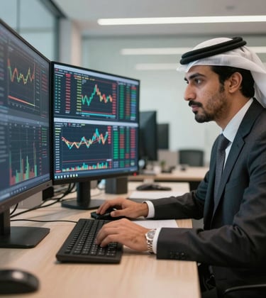 A professional in a modern Middle Eastern / Gulf office in Bahrain, dressed in formal corporate attire, reviewing global financial market data on multiple sleek monitors.