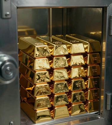 Close-up photography of hallmarked pure gold bars stacked neatly in a high-security vault, reflecting warm golden light against deep charcoal walls.