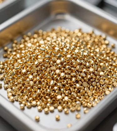 A detailed close-up of high-purity gold grains in a clean industrial tray, showcasing the refined output of a state-of-the-art facility.