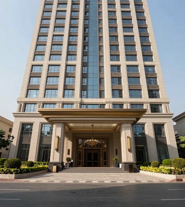 A wide architectural photograph of a luxury high-rise entrance with professional security and manicured landscaping. South Asian / Indian setting, bright daylight, showcasing sophisticated urban design in Noida.