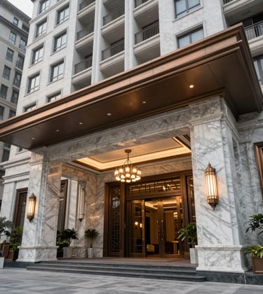 The grand, marble-clad entrance lobby of a premium residential tower in Noida. Elegant lighting fixtures, bronze accents, and a sense of sophisticated luxury. The setting is clearly a high-end South Asian / Indian corporate residential space.