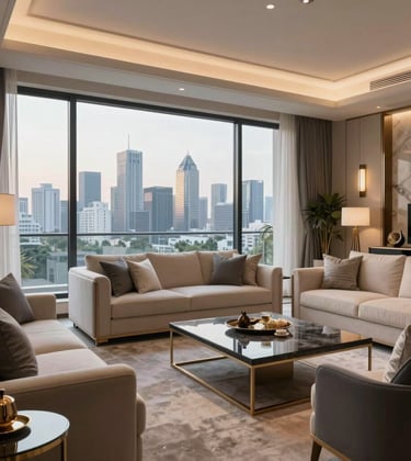 A luxurious modern living room with floor-to-ceiling windows showing the Noida skyline. The interior features elegant furniture in cream and slate gray tones. South Asian / Indian luxury apartment style, soft afternoon lighting.