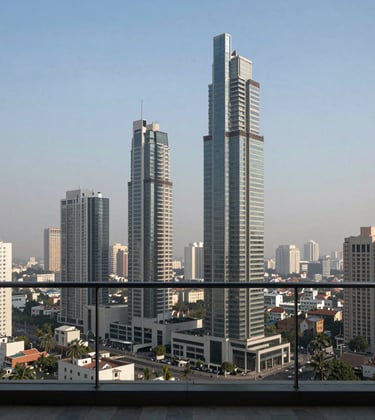A daylight photograph of a luxury balcony view in Noida, overlooking a sprawling city landscape with sleek high-rise towers. The composition is clean and minimalist, showcasing South Asian / Indian urban development with a muted blue sky and professional architectural style.