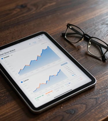 A workspace featuring a modern tablet displaying real estate market growth charts and financial data. Beside it, a pair of designer glasses on a dark wood table. High-end, analytical, professional photography.