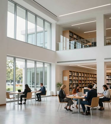 The architectural interior of a modern, white-walled educational library in North America. Large glass panels allow for bright, airy lighting. A few professional learners in business casual attire are seated in the distance, emphasizing a focused learning environment.