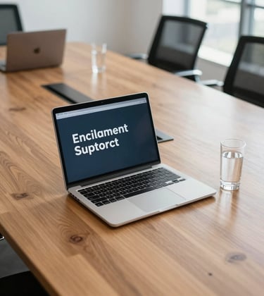 A professional North American corporate setting showing a high-angle shot of a polished wooden conference table. A modern laptop and a glass of water are neatly arranged. The environment is bright and spacious, conveying employment and relocation support.