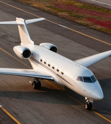 An aerial view of a corporate jet on a sunlit runway, symbolizing luxury travel and mobility. Sharp details, high contrast, featuring gold and deep red tones in the lighting.